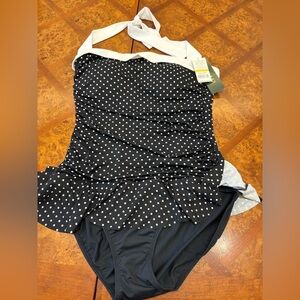Lauren Ralph Lauren Black and White Polka Dot One-Piece Halter Swimdress